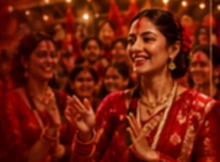 Women in red saris clapping and dancing at a Teej celebration